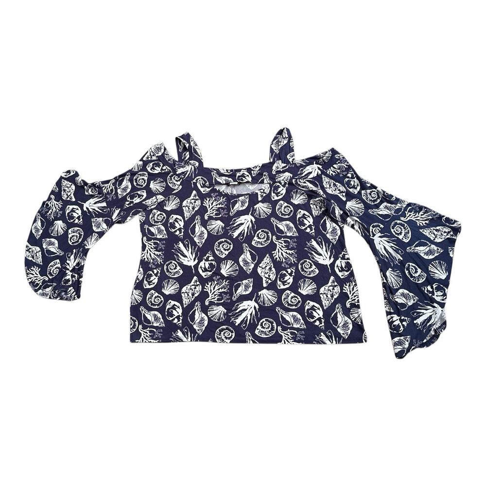 Venus Top Womens Plus 3X Navy White Seashell Cold Shoulder Bell Sleeve Stretch